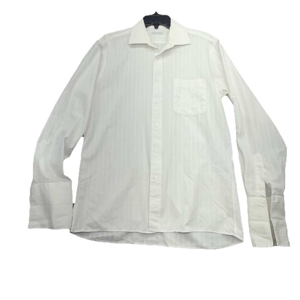 Vintage Christian Dior Dress Shirt Mens 16.5 34 White Stripe USA 80s